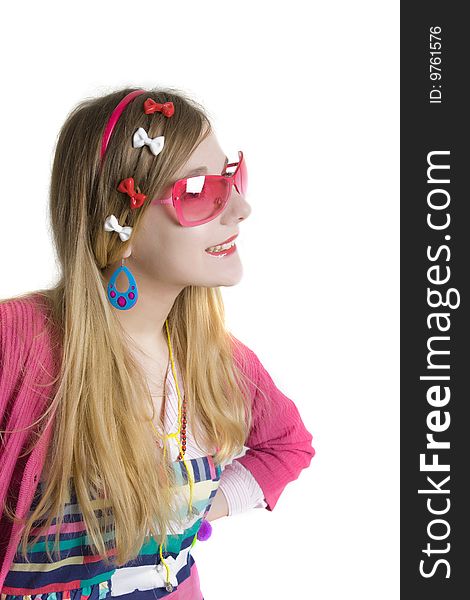 Pretty blond teenager girl in pink suun glases. Pretty blond teenager girl in pink suun glases