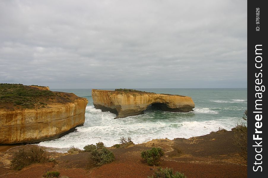 The London Bridge section of the Great Ocean Road. The middle section of the formation attaching to the mainland collapsed in 1990,whilst prior to that, visitors could walk all the way to the end. Five people were on the bridge as it collapsed; thankfully all were rescued without any injuries.