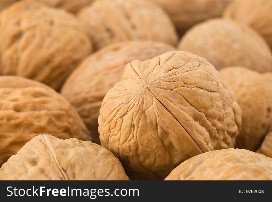 Background of walnuts, close up studio shot. Background of walnuts, close up studio shot.