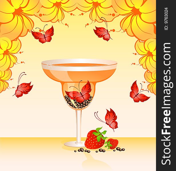 The beautiful bright butterfly in a glass for a cocktail