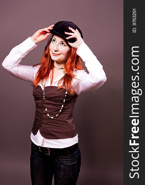 Girl In Hat Looking Up Isolated