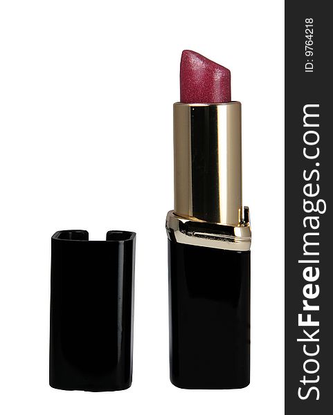 Lipstick with an open cover on a white background