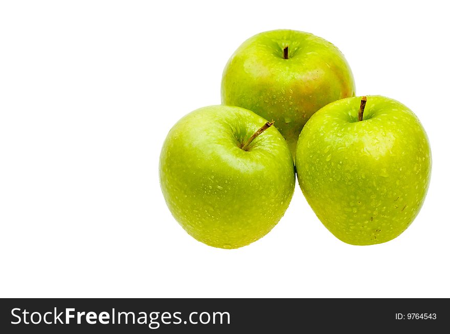 Close-up fresh apples with with water drops isolated on white background. Close-up fresh apples with with water drops isolated on white background