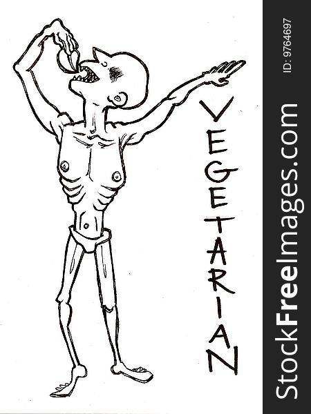 Hand drawn illustration of a skinny vegetarian eating a leaf