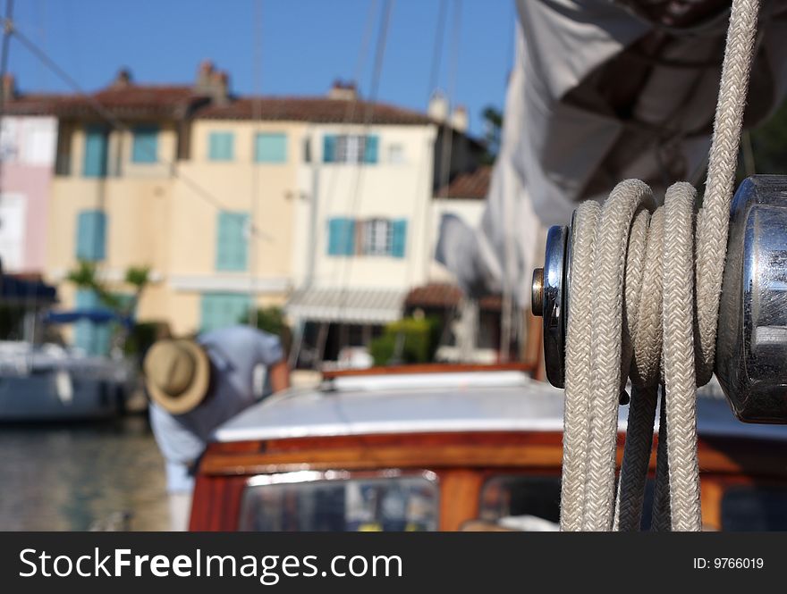 A hawser on a sailing boat. A hawser on a sailing boat