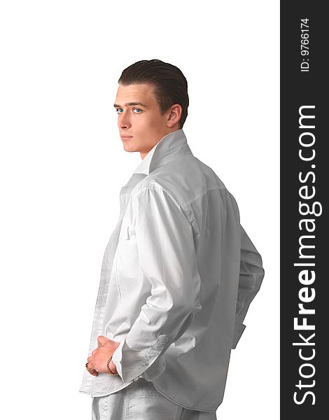 Young man in white shirt in fashion show