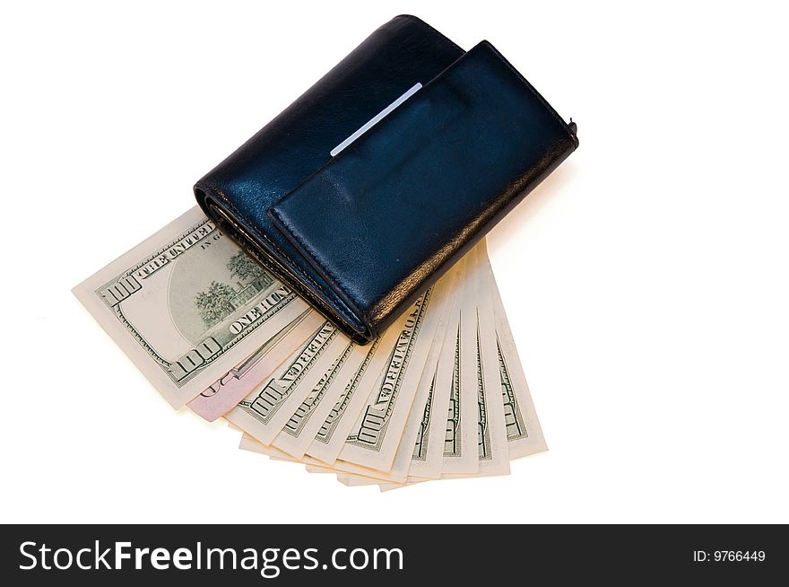 Black leather purse with money on a white background