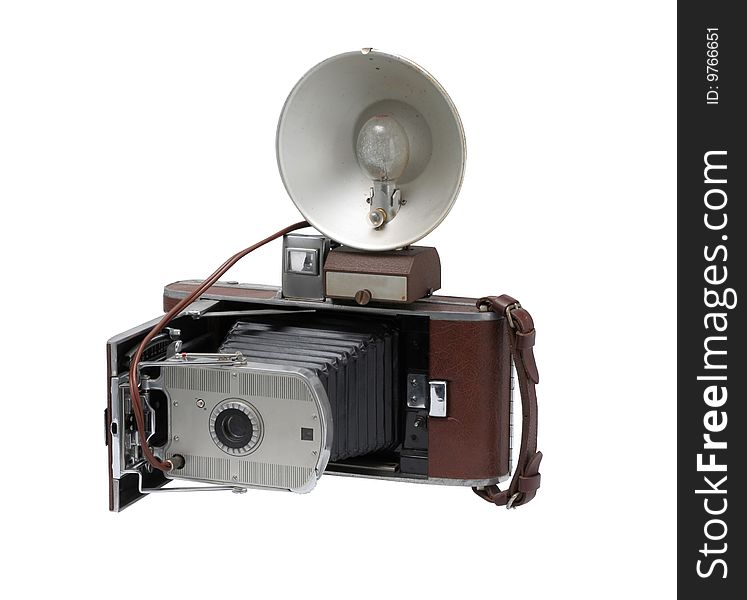 Isolated vintage polaroid camera with flash light. Isolated vintage polaroid camera with flash light.