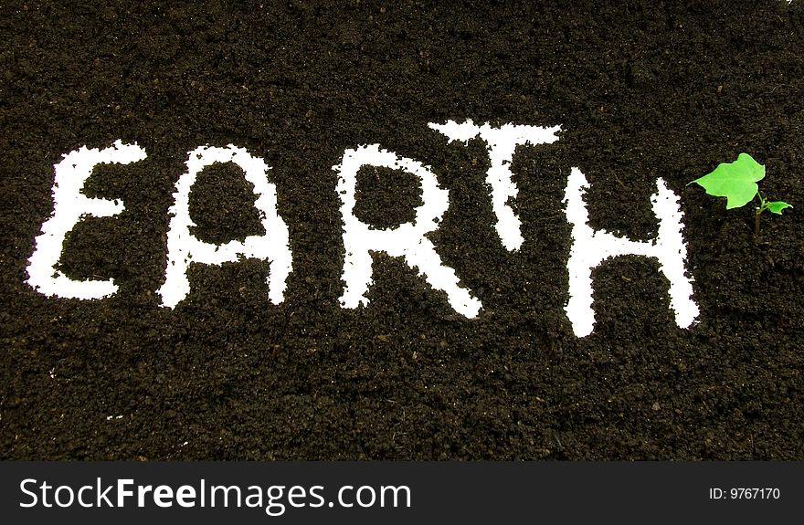 Text earth and plant in soil. Text earth and plant in soil