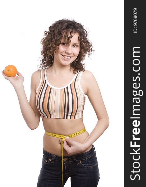 Smiling Fit Woman With Measure Tape And Orange.