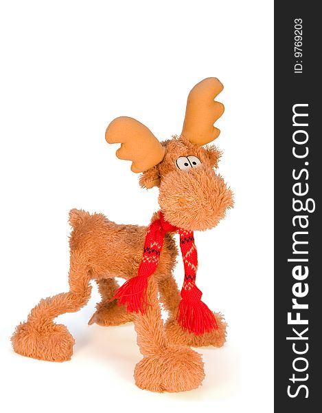 Soft toy Deer with a red scarf on a white background