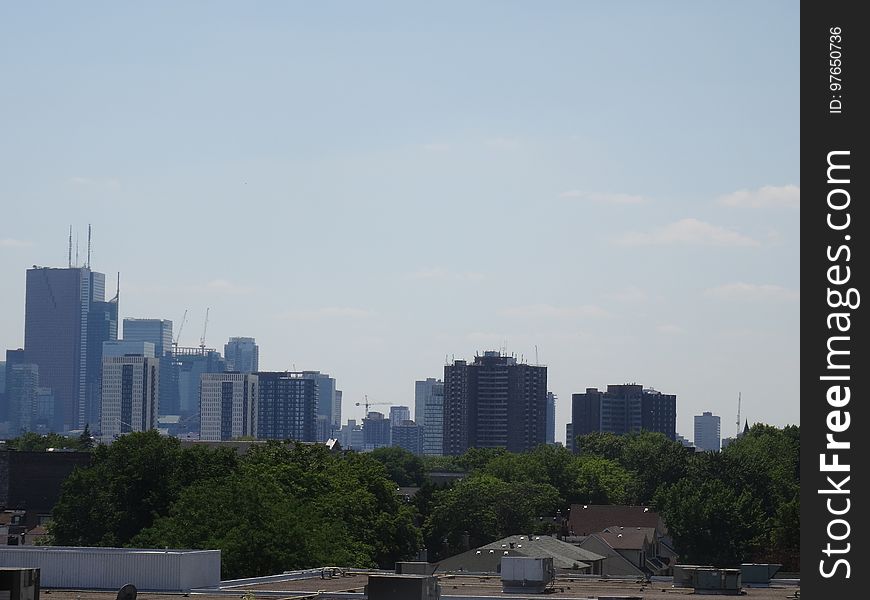 Details of distant downtown Toronto, from the Pape footbridge, over the railway tracks, 2016 06 1 &#x28;3&#x29;