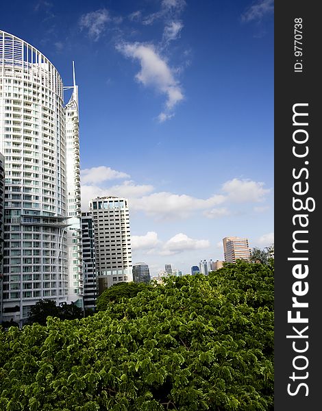 Bangkok cityscape in summer bright blue sky.