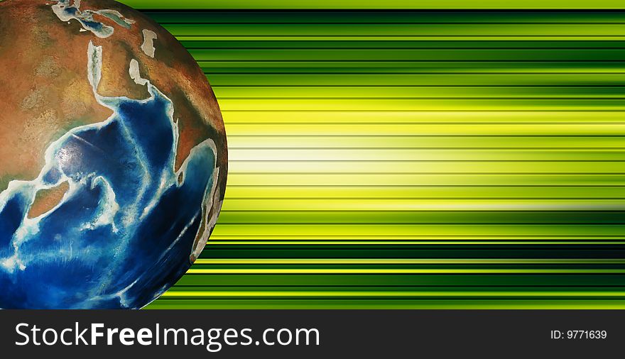 Blue planet on green lines background. Abstract illustration. Blue planet on green lines background. Abstract illustration