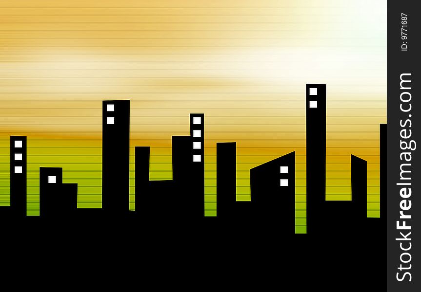 Black Silhouette of a city on yellow background