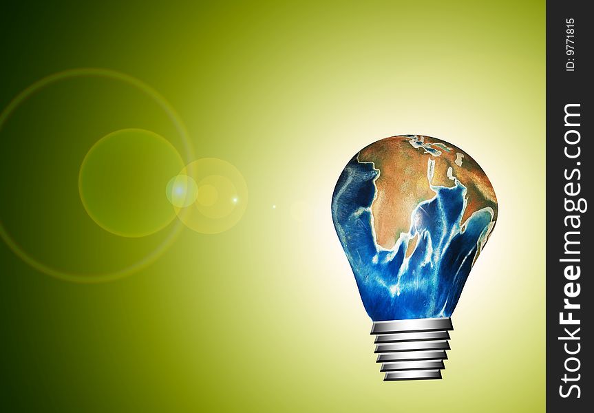 Planet bulb on green luminous background. Conceptual illustration