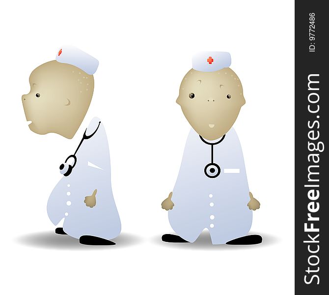 A childish vector illustration of a doctor front and sside view, isolated on white background.