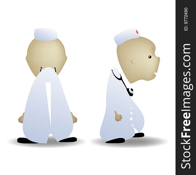 A childish vector illustration of a doctor rear and side view, isolated on white background.