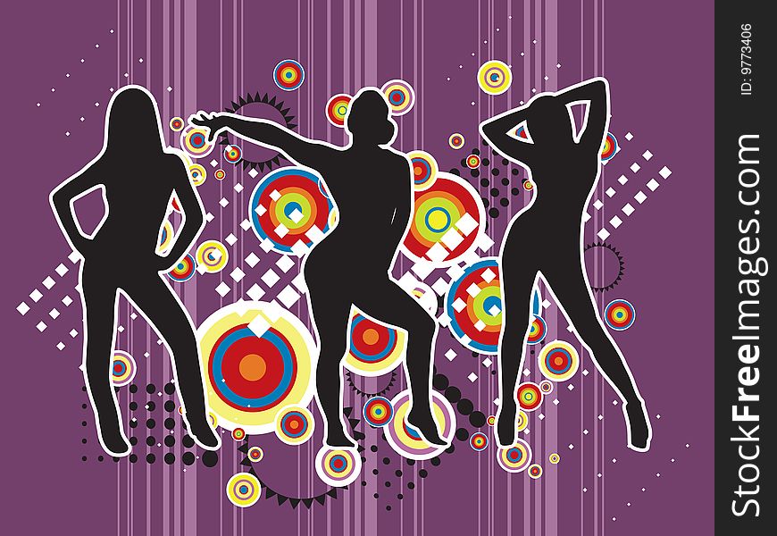 Illustrated silhouette of people dancing. purple background.