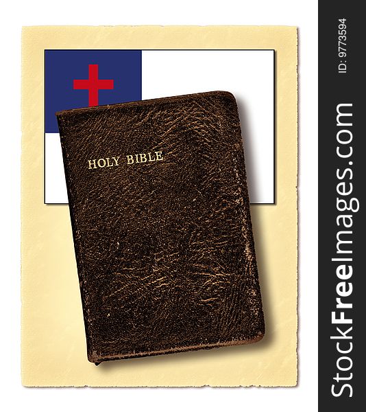 A Christian Flag and The Holy Bible on vintage torn paper. A Christian Flag and The Holy Bible on vintage torn paper.