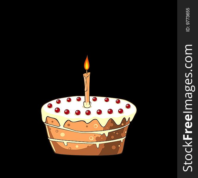 Delicious cake with cherries and candle black background. Delicious cake with cherries and candle black background