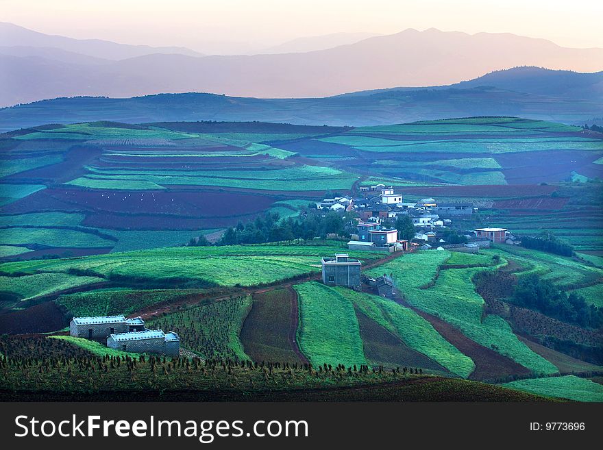 There is a village in the middle of fields. There is a village in the middle of fields