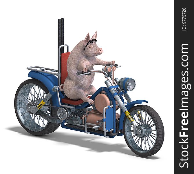 Rendering of a young pig riding a bike with Clipping Path and shadow over white. Rendering of a young pig riding a bike with Clipping Path and shadow over white