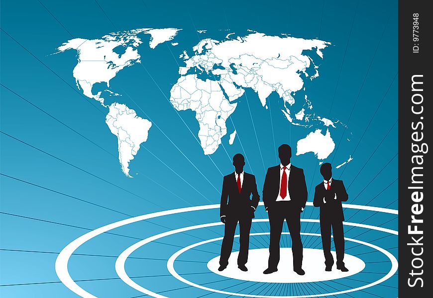 Team businessman silhouette and world map in background blue. Team businessman silhouette and world map in background blue