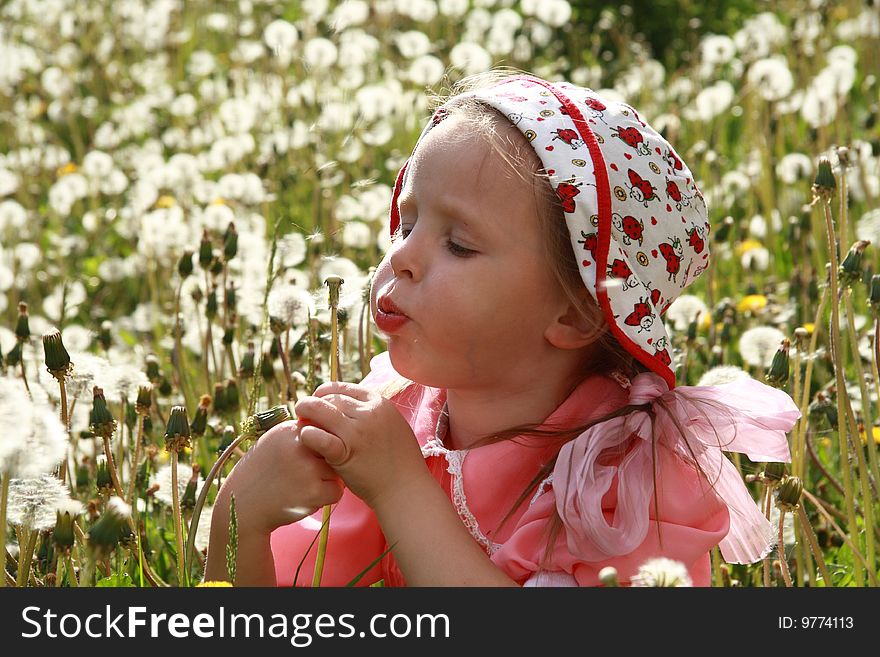 The little girl on a glade of dandelions