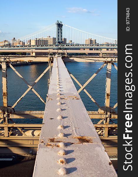 View of the Manhattan Bridge seen from the Brooklyn Bridge in New York city, USA.