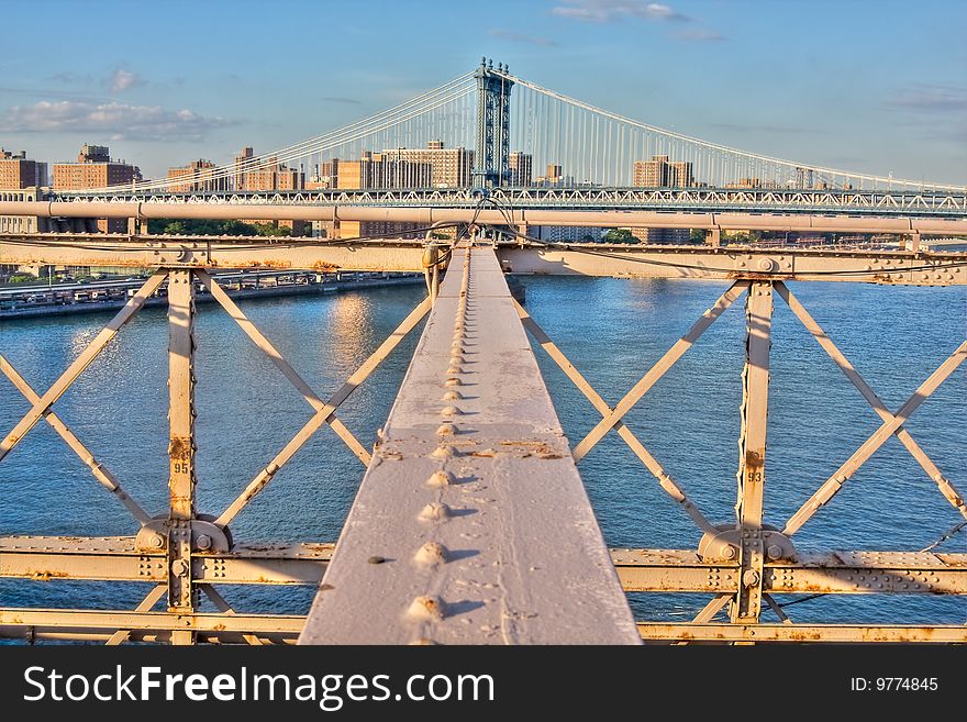 View of the Manhattan Bridge from The Brooklyn Bridge in New York city, USA.