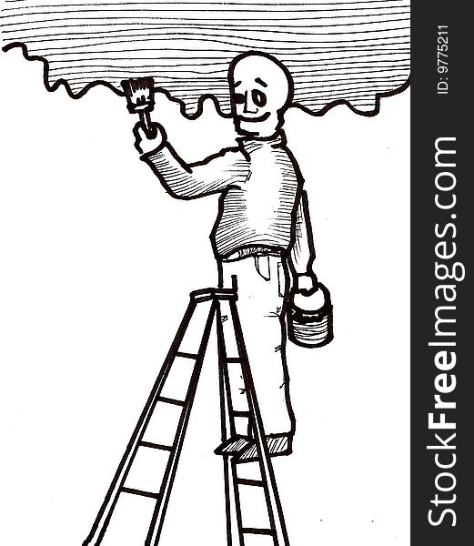 Hand drawn illustration of a handyman painting the wall