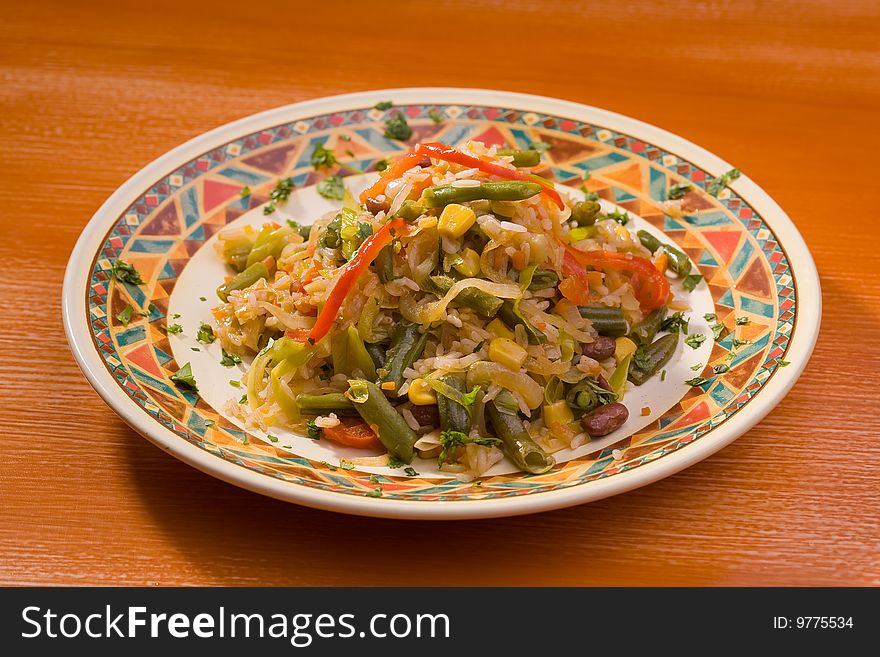 Rice with vegetables, closeup studio shot