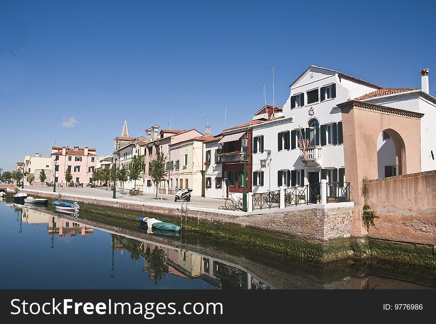 View of Malamocco, a typical small Venetian village in the Lido Island, sitting in front of Venice, in the lagoon. Italy.