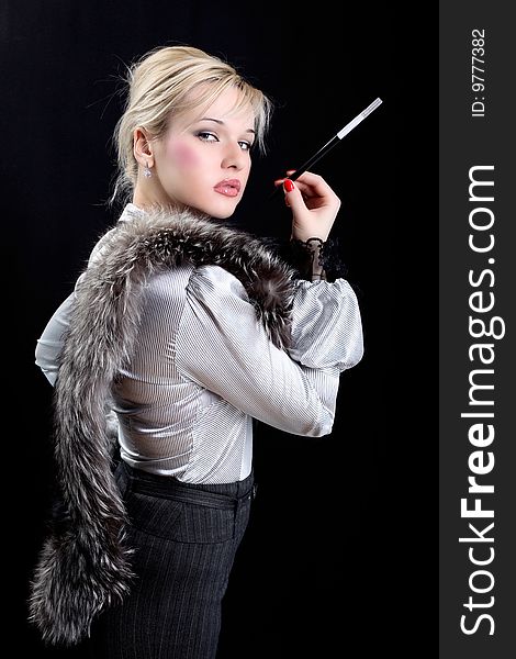 Girl with fur and cigarette. Girl with fur and cigarette