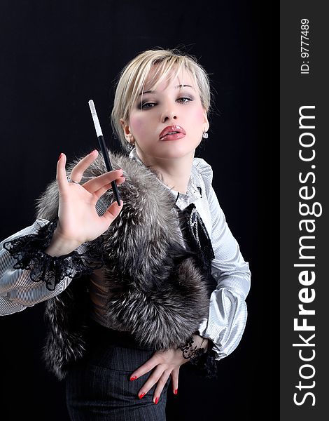 Girl with fur and cigarette. Girl with fur and cigarette