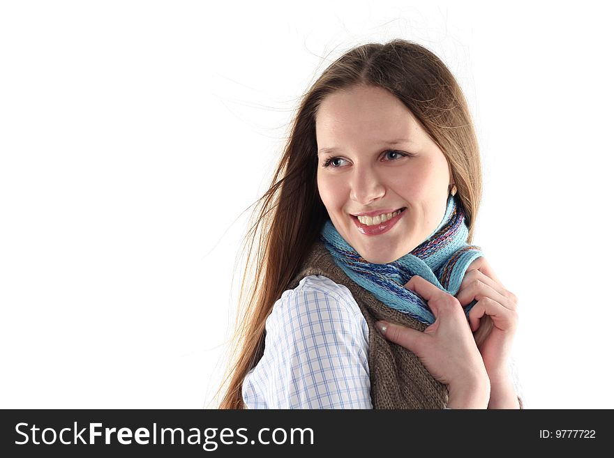 Young woman wrap up into scarf isolated on white background
