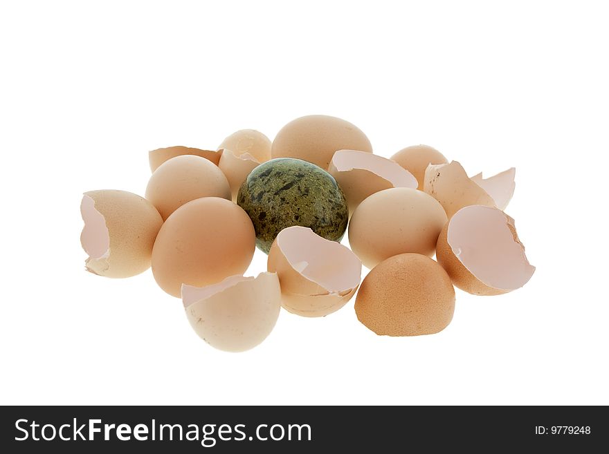 Malachite egg to chicken eggs and the shell on white background