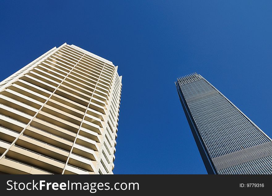 Skyscraper rose into the clear blue sky,in Beijing of China