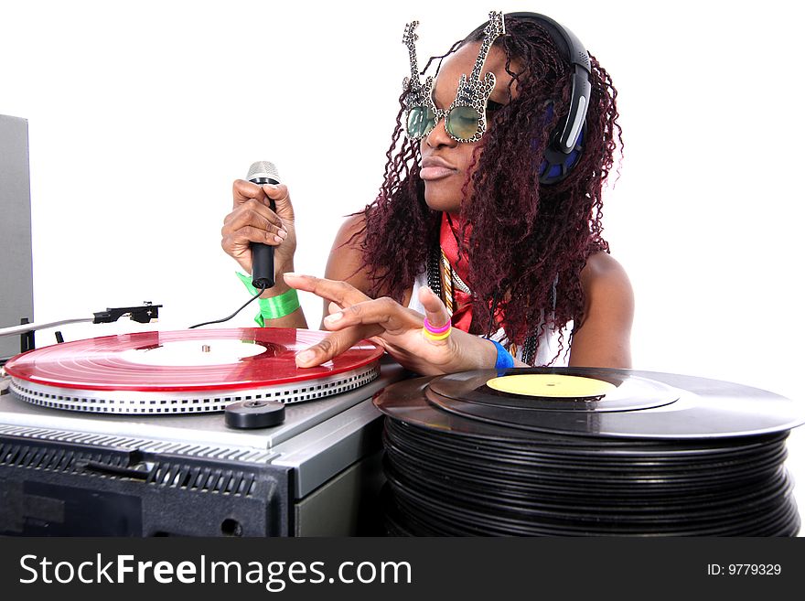 Cool afro american DJ in action isolated on white