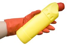 Red Glove And Yellow Bottle Royalty Free Stock Photos Red Glove And Yellow Bottle Royalty Free Stock Photos