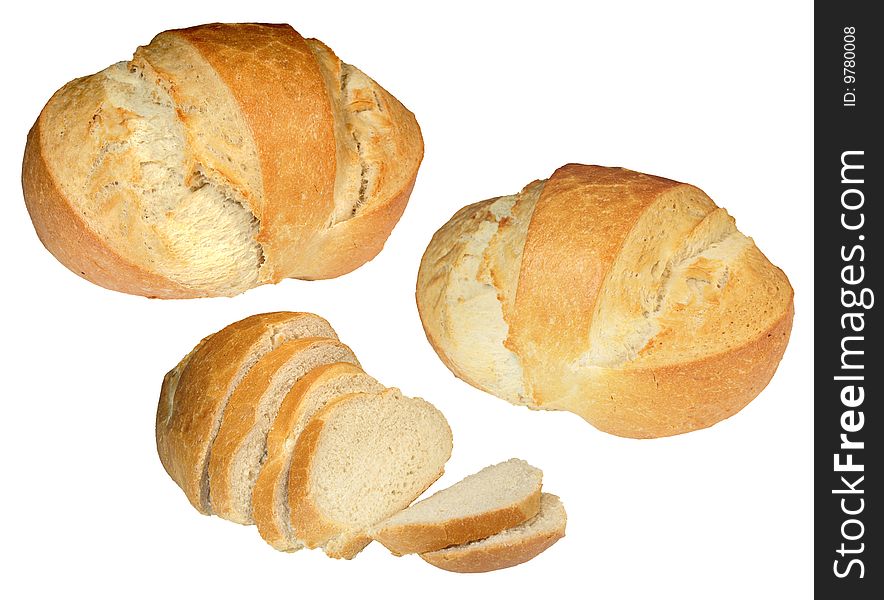 Big bread and its slices isolated on white background