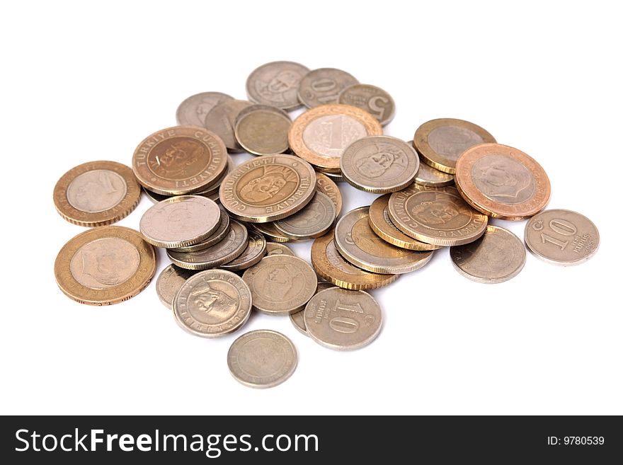 Turkish Lira coins isolated on white background