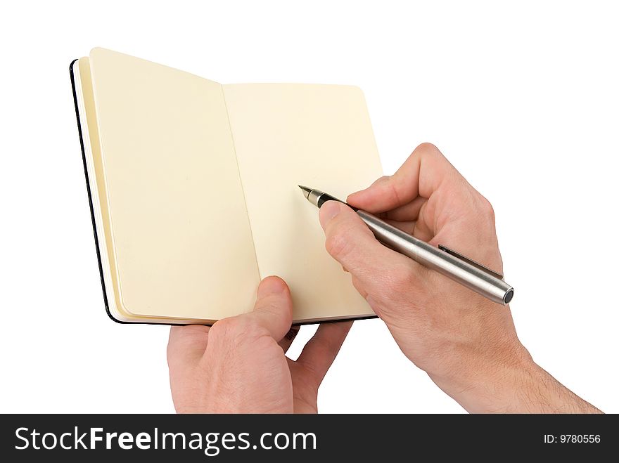 Person writing in notebook. Isolated on white