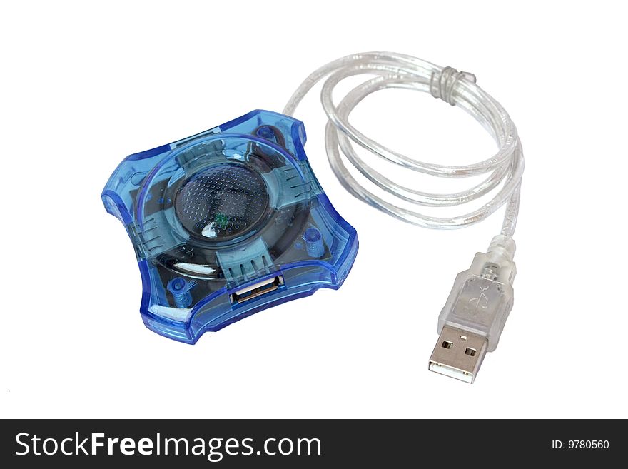 Four port blue USB hub, isolated on white background.