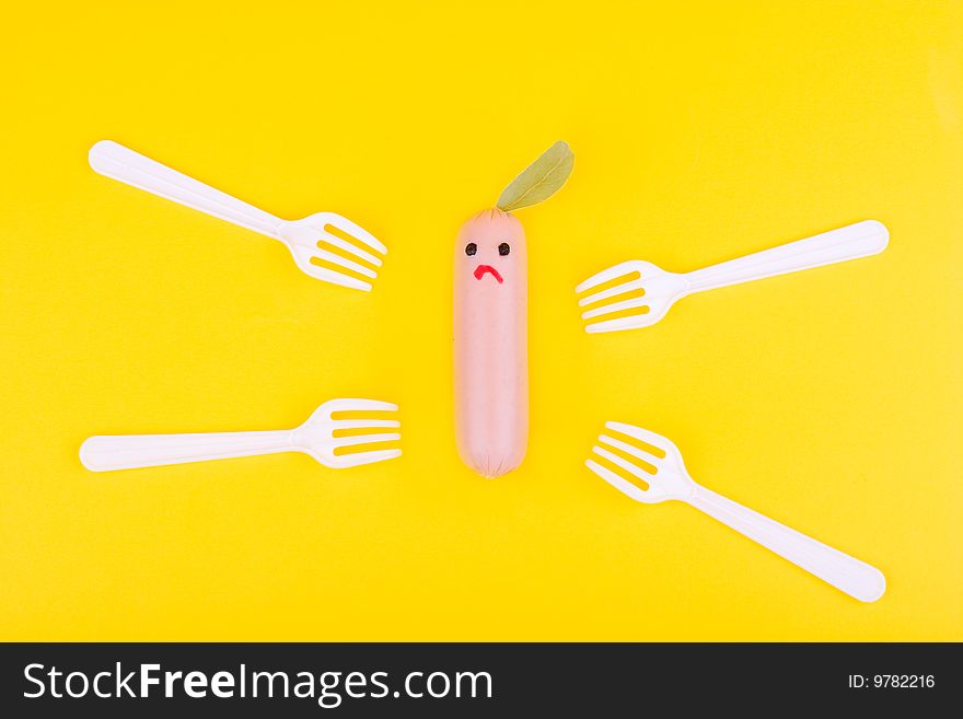 Being tasty is dangerous: sausage surrounded by enemy forks