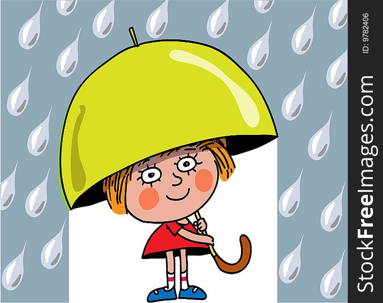 The little girl costs and holds in a hand an umbrella. It is raining. The little girl costs and holds in a hand an umbrella. It is raining.