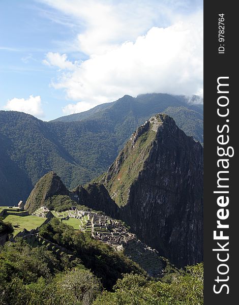 Village of Machu Pichu with a pick of Wayna Pichu above