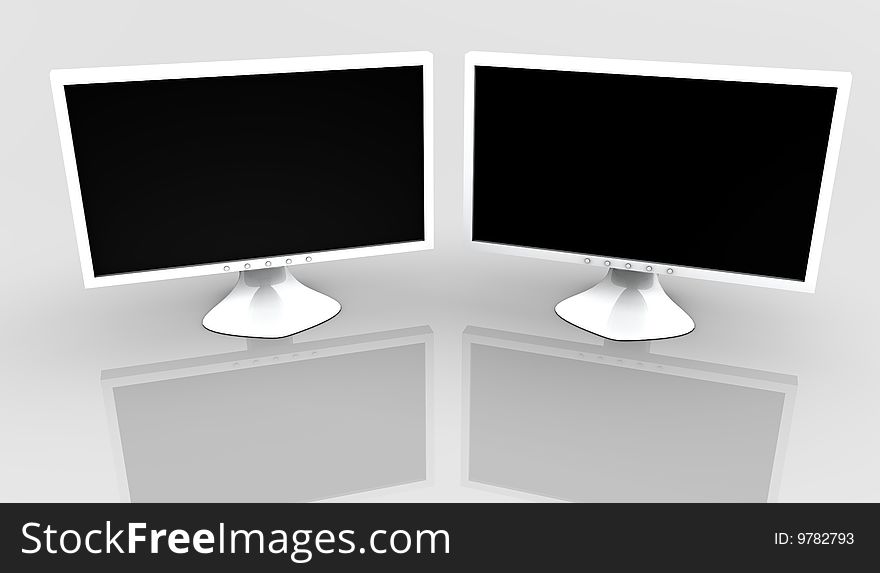 3D render of two PC monitor on white background and reflection