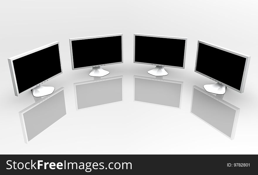 3D render of four PC monitor on white background and reflection